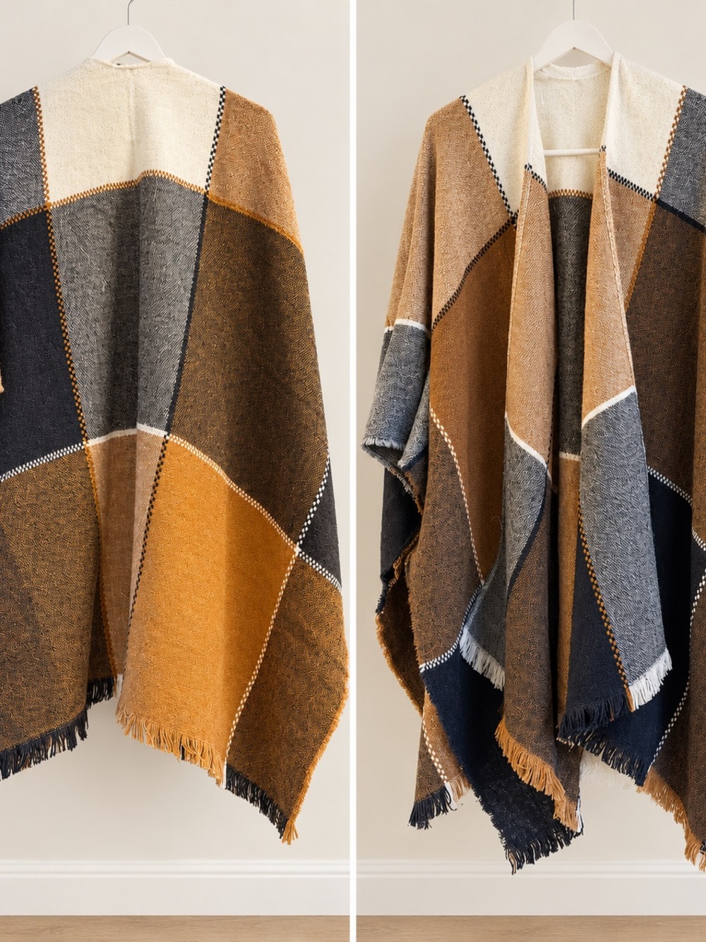 Women’s Colorblock Open-Front Poncho Sweater - Tan & Gray